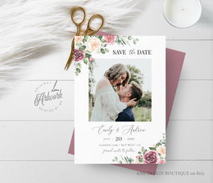 Floral Photo Save The Date Template, Unique Mauve Rose Printable Wedding Date Announcement Card with Photo, Editable, Download, Templett 007