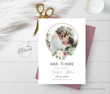 Load image into Gallery viewer, Boho Circle Photo Save The Date Template, Unique Mauve Rose Printable Floral Wedding Date Announcement Card, Editable, Download Templett 007
