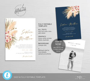 Pampas Grass Wedding Invitation Template, Tropical Boho Dry Fluffy Grass Palm Leaf Invites, Bohemian Desert Orchid, Printable, Download 017