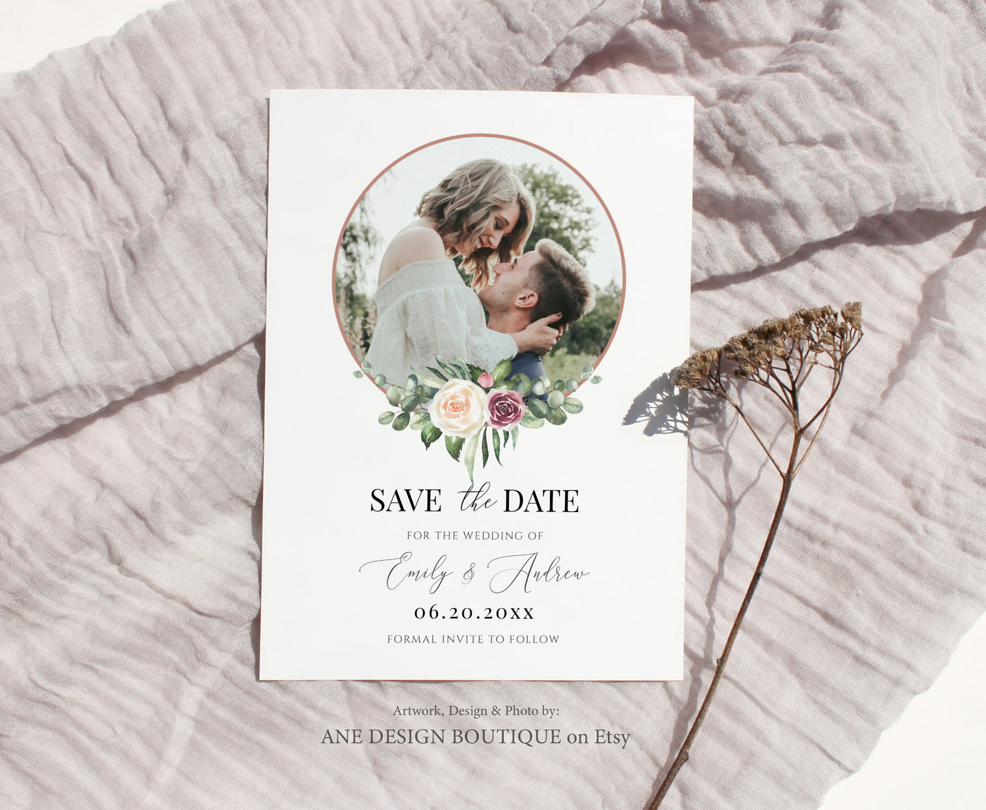 Boho Circle Photo Save The Date Template, Unique Mauve Rose Printable Floral Wedding Date Announcement Card, Editable, Download Templett 007