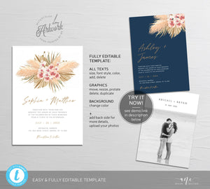 Tropical Pampas Grass Wedding Invitation Template Set, Boho Dry Fluffy Grass Palm Leaf Invites, Fall Bohemian Blush, Printable, Download 017