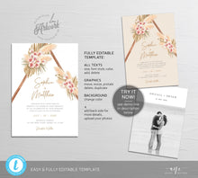 Load image into Gallery viewer, Boho Pampas Grass Arch Wedding Invitation Set Template, Tropical Dried Grass Palm Leaf, Bohemian Desert Orchid, Printable, Inst Download 017
