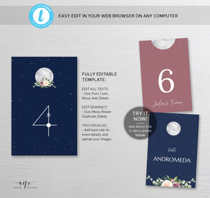 Celestial Moon Wedding Table Numbers Template, Starry Night Sky Bridal Table Card, Sacred Geometry, Galaxy Space, Editable Printable DIY 022