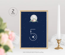 Load image into Gallery viewer, Celestial Moon Wedding Table Numbers Template, Starry Night Sky Bridal Table Card, Sacred Geometry, Galaxy Space, Editable Printable DIY 022
