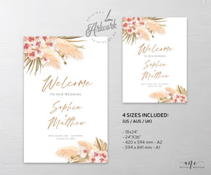 Boho Pampas Grass Wedding Welcome Sign Template, Modern Tropical Beach Editable Poster Sign, Orchid Dried Grass, Printable, DIY Download 017