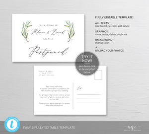 Greenery Postponed Wedding Postcard Template, Change the Date Printable, Change of Plans Announcement Card, Fully Editable Inst Download 008