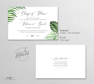 Tropical Change of Plans Wedding Postcard Template, Change the Date Printable, Postponed Wedding Announcement Card, Editable, Download, 002