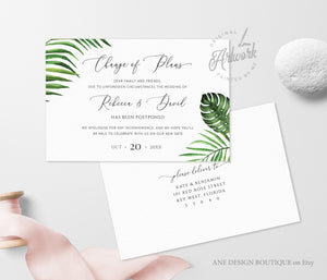 Tropical Change of Plans Wedding Postcard Template, Change the Date Printable, Postponed Wedding Announcement Card, Editable, Download, 002