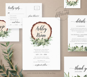 Rustic Greenery Wedding Invitation Set Printable Template, Boho Eucalyptus Baby's Breath, Wood Country Barn, 100% Editable, Download DIY 018