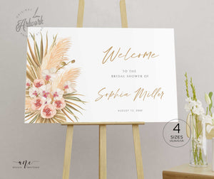 Boho Pampas Grass Bridal Shower Welcome Sign Template, Modern Tropical Beach, Editable Horizontal Shower Printable Poster Sign, Download 017