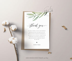 Boho Greenery Thank You Letter Template, Rustic Wedding Menu Thank You Napkin Note, Printable In Lieu of Favor, Editable 4x6in Download, 008