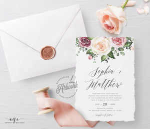 Spring Mauve Rose Floral Wedding Invitation Set Template, Eucalyptus Blush Roses Watercolor Invite Suite, Editable, Printable Download 007