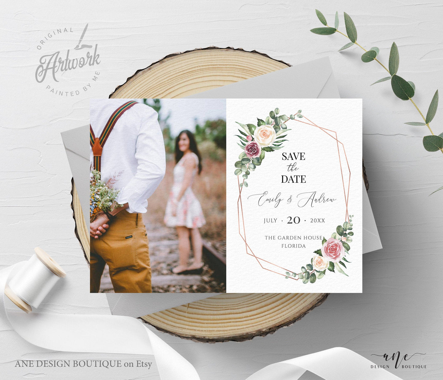 Rustic Photo Save The Date Template, Mauve Rose Printable Boho Wedding Date Announcement Card with Photo, Editable, Download, Templett 007