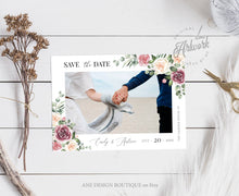 Load image into Gallery viewer, Boho Floral Photo Save The Date Template, Mauve Rose Printable Rustic Wedding Date Announcement Card with Photo, Editable, DIY, Download 007

