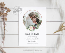 Load image into Gallery viewer, Boho Circle Photo Save The Date Template, Unique Mauve Rose Printable Floral Wedding Date Announcement Card, Editable, Download Templett 007
