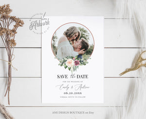 Boho Circle Photo Save The Date Template, Unique Mauve Rose Printable Floral Wedding Date Announcement Card, Editable, Download Templett 007