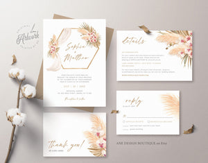 Pampas Grass Arch Wedding Invitation Set Template, Tropical Boho Dry Fluffy Grass Palm Leaf, Bohemian Desert Orchid, Printable, Download 017