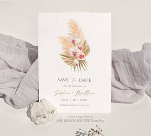 Boho Pampas Grass Save The Date Template, Tropical Bohemian Dried Palm Leaf Wedding Date Announcement Card, Printable, Instant Download 017