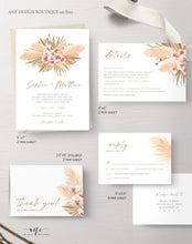Load image into Gallery viewer, Tropical Pampas Grass Wedding Invitation Template Set, Boho Dry Fluffy Grass Palm Leaf Invites, Fall Bohemian Blush, Printable, Download 017
