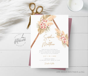 Boho Pampas Grass Arch Wedding Invitation Set Template, Tropical Dried Grass Palm Leaf, Bohemian Desert Orchid, Printable, Inst Download 017