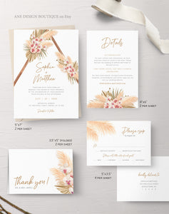 Boho Pampas Grass Arch Wedding Invitation Set Template, Tropical Dried Grass Palm Leaf, Bohemian Desert Orchid, Printable, Inst Download 017