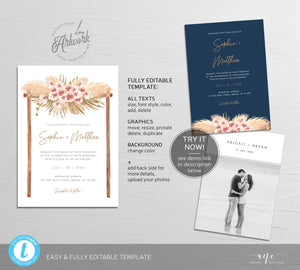 Pampas Grass Arch Wedding Invitation Set Template, Tropical Boho Dry Fluffy Grass Palm Leaf, Bohemian Desert Orchid, Printable, Download 017