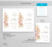 Load image into Gallery viewer, Pampas Grass Wedding Invitation Template, Tropical Boho Dried Fluffy Grass Palm Leaf Invite, Bohemian Desert Orchid, Printable, Download 017
