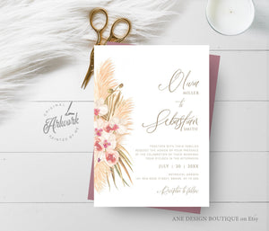 Pampas Grass Wedding Invitation Template, Tropical Boho Dried Fluffy Grass Palm Leaf Invite, Bohemian Desert Orchid, Printable, Download 017