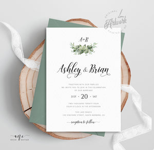 Greenery Monogram Wedding Invitation Set Template, Eucalyptus, Baby's Breath, Rustic Country Barn Boho, 100% Editable Printable Download 018