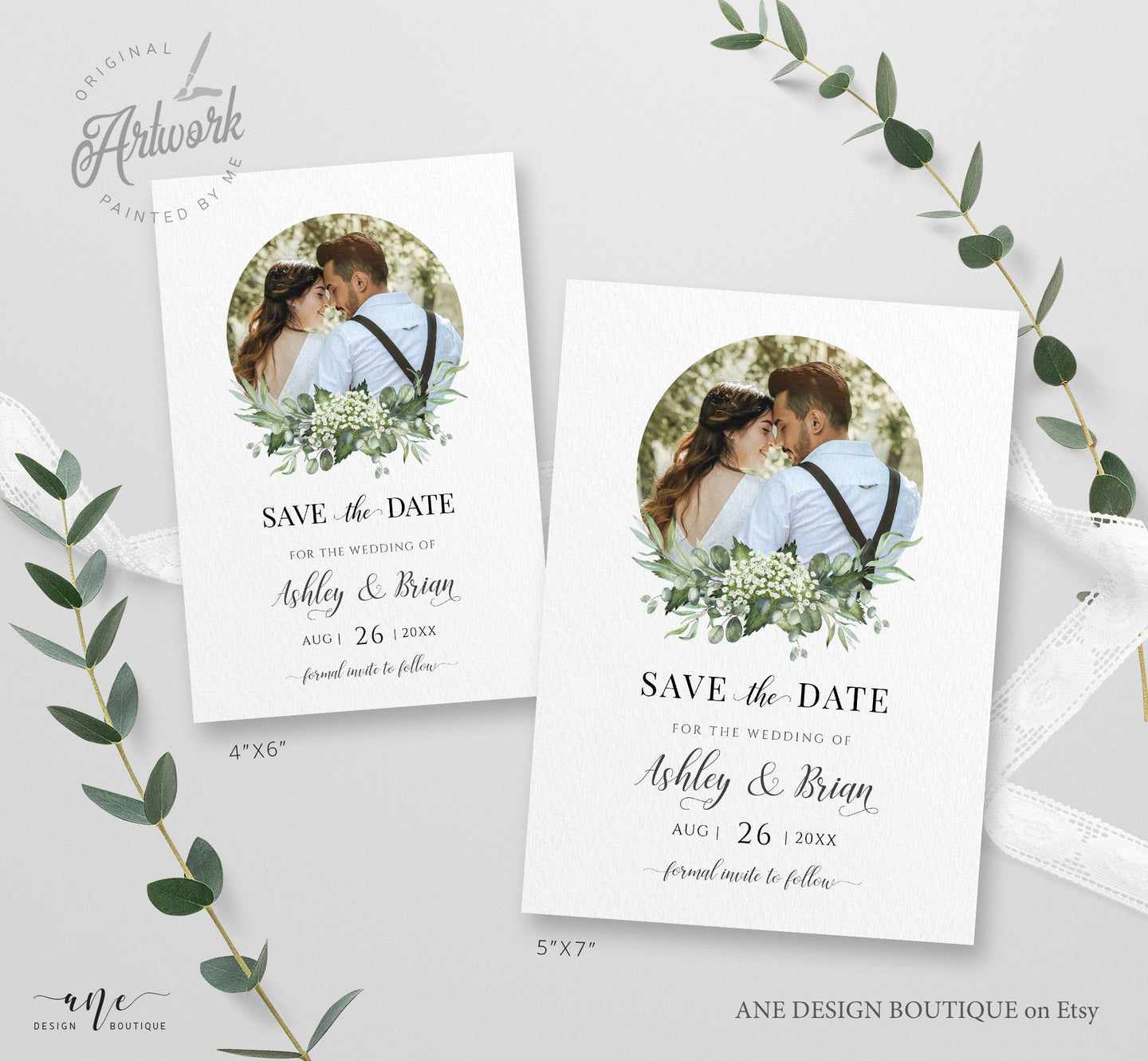 Rustic Photo Save The Date Template, Greenery Eucalyptus Baby's Breath Printable Wedding Date Announcement Card, Editable, Download DIY 018