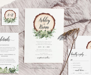 Rustic Greenery Wedding Invitation Set Printable Template, Boho Eucalyptus Baby's Breath, Wood Country Barn, 100% Editable, Download DIY 018