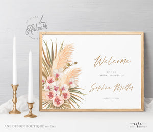 Boho Pampas Grass Bridal Shower Welcome Sign Template, Modern Tropical Beach, Editable Horizontal Shower Printable Poster Sign, Download 017