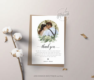 Photo Greenery Thank You Letter Template, Rustic Wedding Menu Thank You Napkin Note, Printable In Lieu of Favor, Editable 4x6in Download 018
