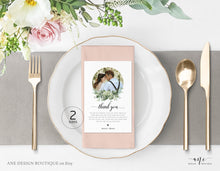 Load image into Gallery viewer, Photo Greenery Thank You Letter Template, Rustic Wedding Menu Thank You Napkin Note, Printable In Lieu of Favor, Editable 4x6in Download 018
