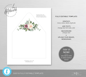Boho Mauve Floral Wedding Envelope Liner Template, Country Rustic Greenery, A1, A2, A7, DIY Printable Envelope Liners, Instant Download, 007