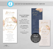 Load image into Gallery viewer, Pampas Grass Floral Printable Wedding Program Template, Editable Order of Service, Boho Wooden Arch, Dried Grass Palm Mauve Blush Roses, 017
