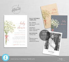 Load image into Gallery viewer, Baby&#39;s Breath Baby Shower by Mail Invitation Template, DIY Elegant Rustic Gypsophila Baby Shower Invites, Printable, Instant Download 018
