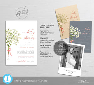 Baby's Breath Baby Shower by Mail Invitation Template, DIY Elegant Rustic Gypsophila Baby Shower Invites, Printable, Instant Download 018