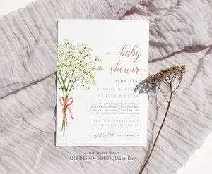 Baby's Breath Baby Shower by Mail Invitation Template, DIY Elegant Rustic Gypsophila Baby Shower Invites, Printable, Instant Download 018