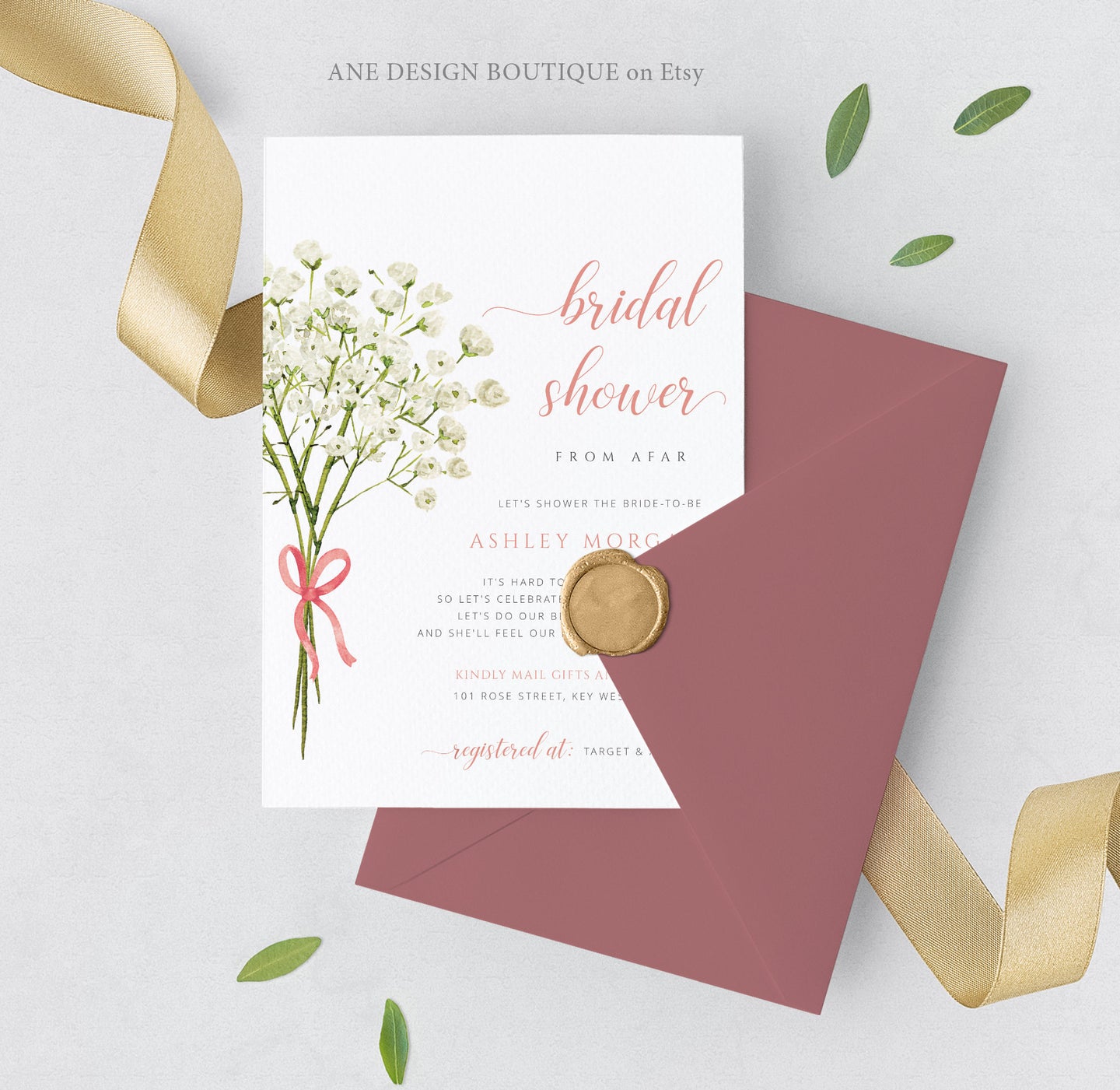Gypsophila Rustic Bridal Shower by Mail Invitation Template, Baby's Breath Virtual Shower Invite, Editable, Printable, Instant Download 018