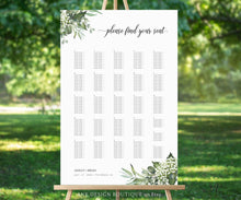 Load image into Gallery viewer, Rustic Greenery Seating Chart Template, Unique Elegant Eucalyptus Wedding Sign Table Plan, Country Barn, Editable Printable DIY Download 018
