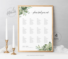 Load image into Gallery viewer, Rustic Greenery Seating Chart Template, Unique Elegant Eucalyptus Wedding Sign Table Plan, Country Barn, Editable Printable DIY Download 018
