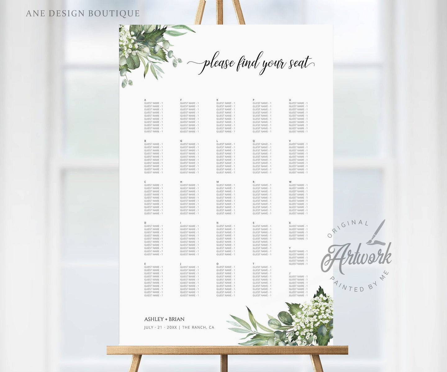 Rustic Greenery Seating Chart Template, Unique Elegant Eucalyptus Wedding Sign Table Plan, Country Barn, Editable Printable DIY Download 018
