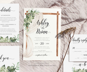 Rustic Arch Greenery Wedding Invitation Set Printable Template, Eucalyptus, Baby's Breath, Country Barn Boho, 100% Editable Download DIY 018