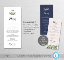 Load image into Gallery viewer, Rustic Greenery Wedding Menu Template, Eucalyptus Monogram Printable Dinner Menu Card, Bridal Shower Menu, Fully Editable Download DIY 018
