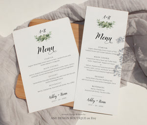 Rustic Greenery Wedding Menu Template, Eucalyptus Monogram Printable Dinner Menu Card, Bridal Shower Menu, Fully Editable Download DIY 018
