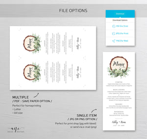 Rustic Greenery Wedding Menu Template, Eucalyptus Wood Slice Printable Dinner Menu Card, Bridal Shower Menu, Fully Editable Download DIY 018