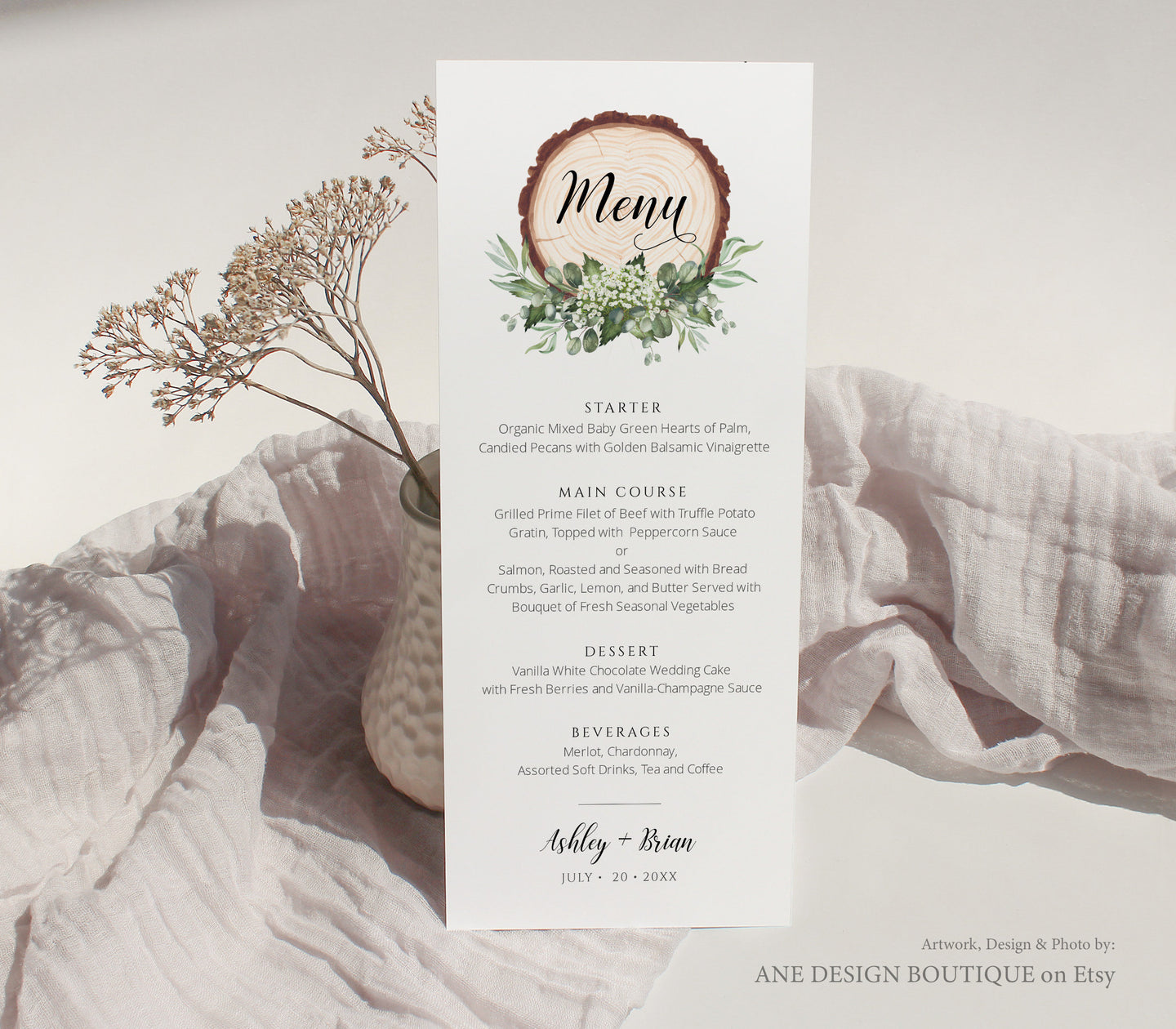 Rustic Greenery Wedding Menu Template, Eucalyptus Wood Slice Printable Dinner Menu Card, Bridal Shower Menu, Fully Editable Download DIY 018