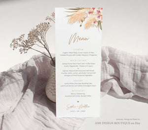 Pampas grass Wedding Menu Template, Boho Dried Grass Printable Dinner Menu Card, Tropical Bridal Shower Menu Fully Editable Download DIY 017