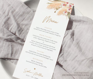 Pampas grass Wedding Menu Template, Boho Dried Grass Printable Dinner Menu Card, Tropical Bridal Shower Menu Fully Editable Download DIY 017